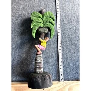 Vintage Hand Carved Wood Palm Tree Boy Climbing Sculpture Folk Art Tropical 25"